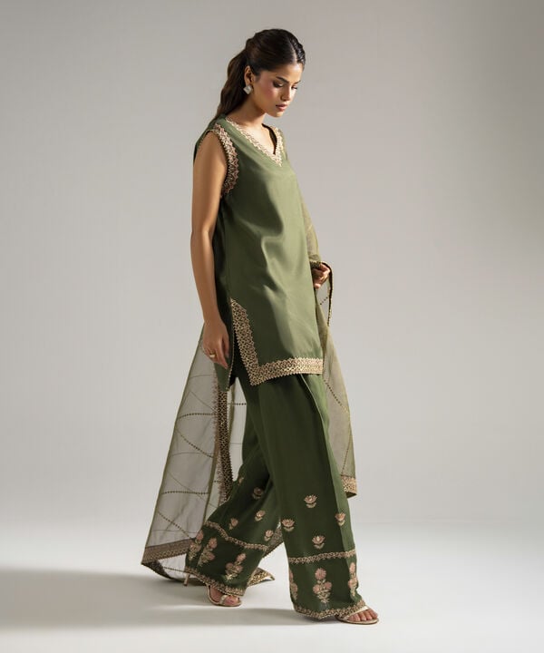3 Piece - Embroidered Raw Silk Suit