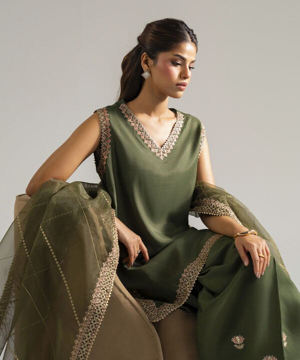 3 Piece - Embroidered Raw Silk Suit
