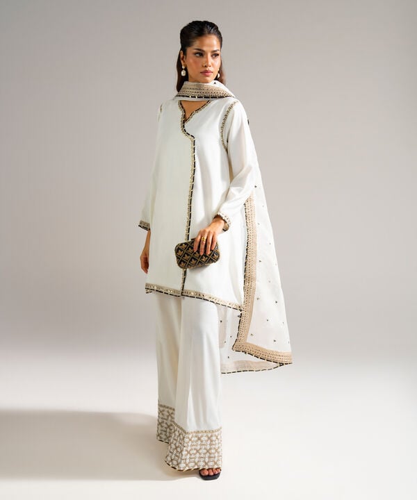 3 Piece - Embroidered Raw Silk Suit
