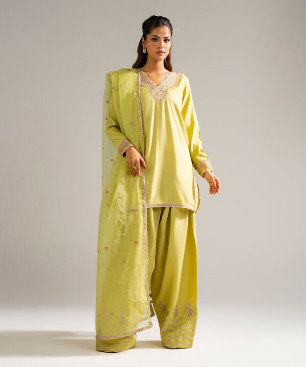 3 Piece - Embroidered Raw Silk Suit
