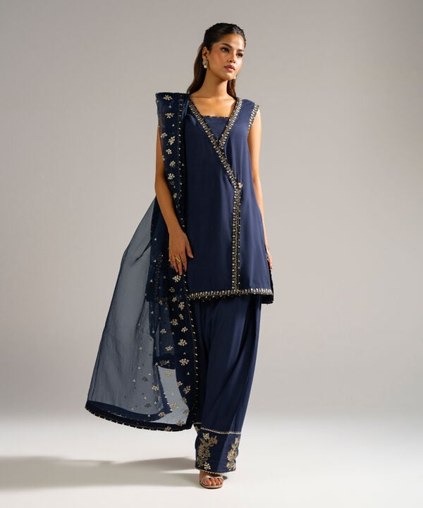 3 Piece - Embroidered Raw Silk Suit
