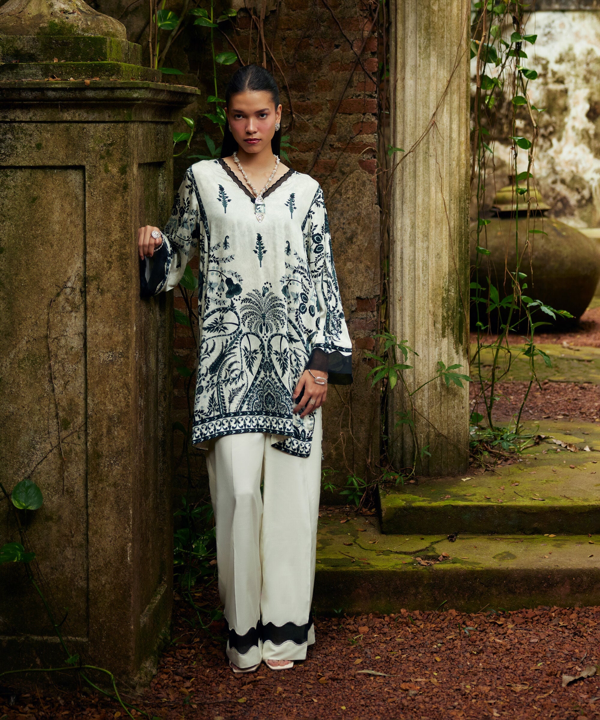 3 Piece - Embroidered Viscose Satin Suit