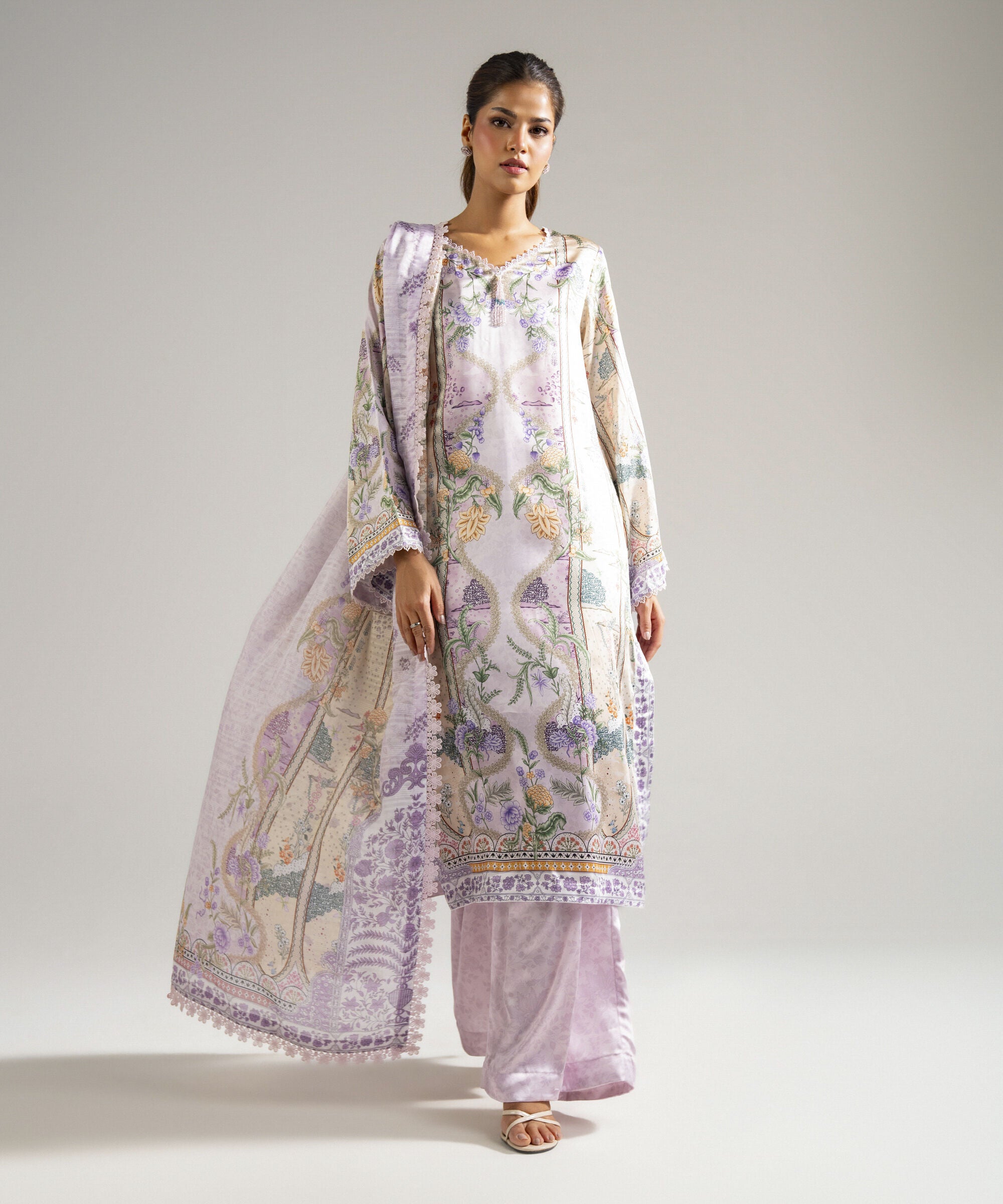 Women's RTW Blended Satin Printed Lilac 3 Piece Suit