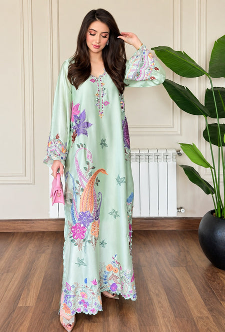 Zinnia Fatima Mustafa – Minal Mint Luxury Embroidered Sheesha Silk 3Pc Unstitched Kaftan Suit PA-154