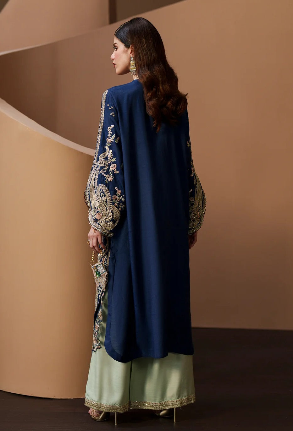 Ethnc ROYAL BLUE Luxury Silk Embroidered 3 Pc Unstitched Kaftan Suit PA-212