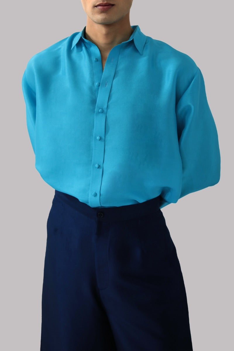Scuba Blue Raw Silk Button Down Shirt