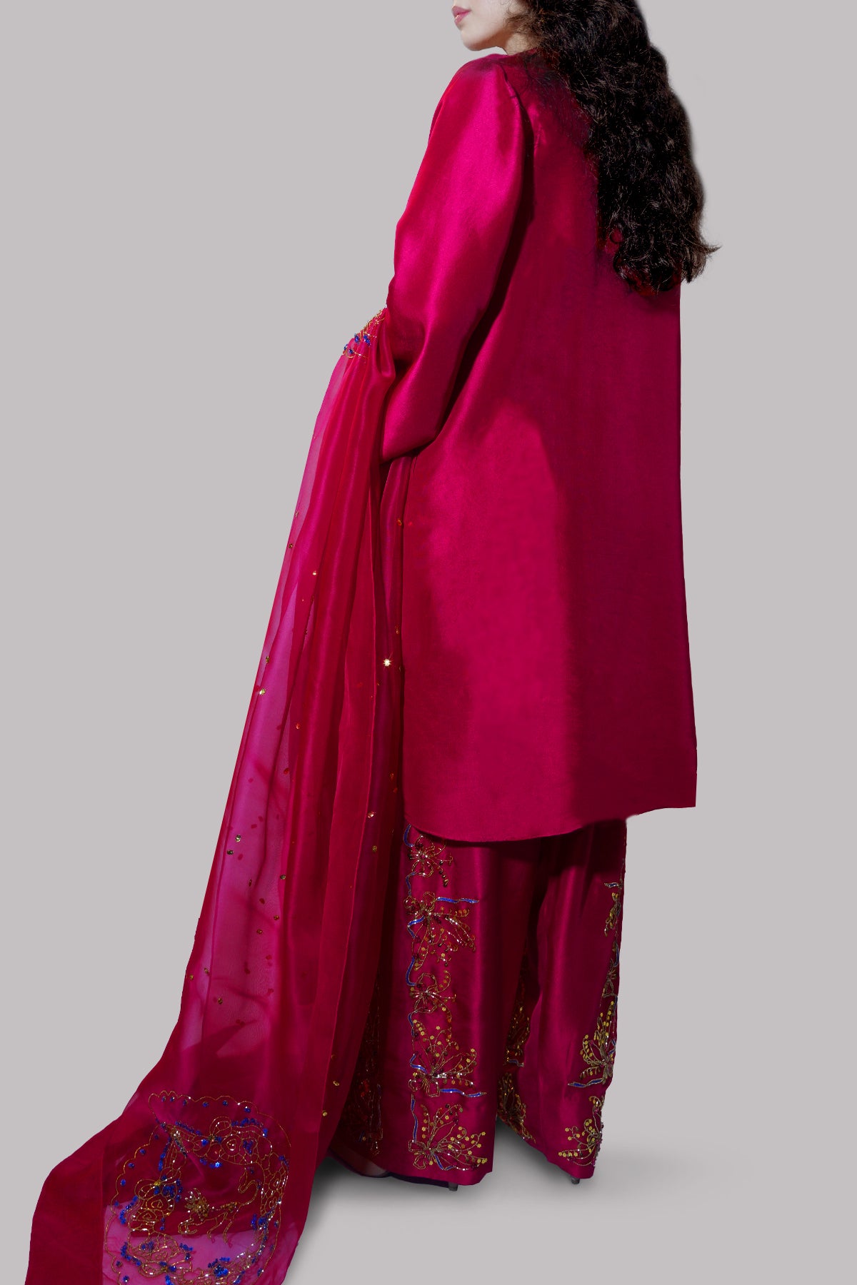 Tango Red Embellished Raw Silk Set