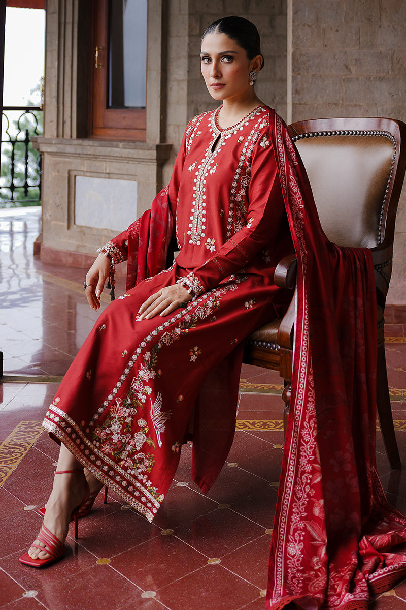 RUBY WHISPER-3PC SATIN EMBROIDERED SUIT UNSTITCH / RED / SATIN (RTS)-CROSS STITCHED