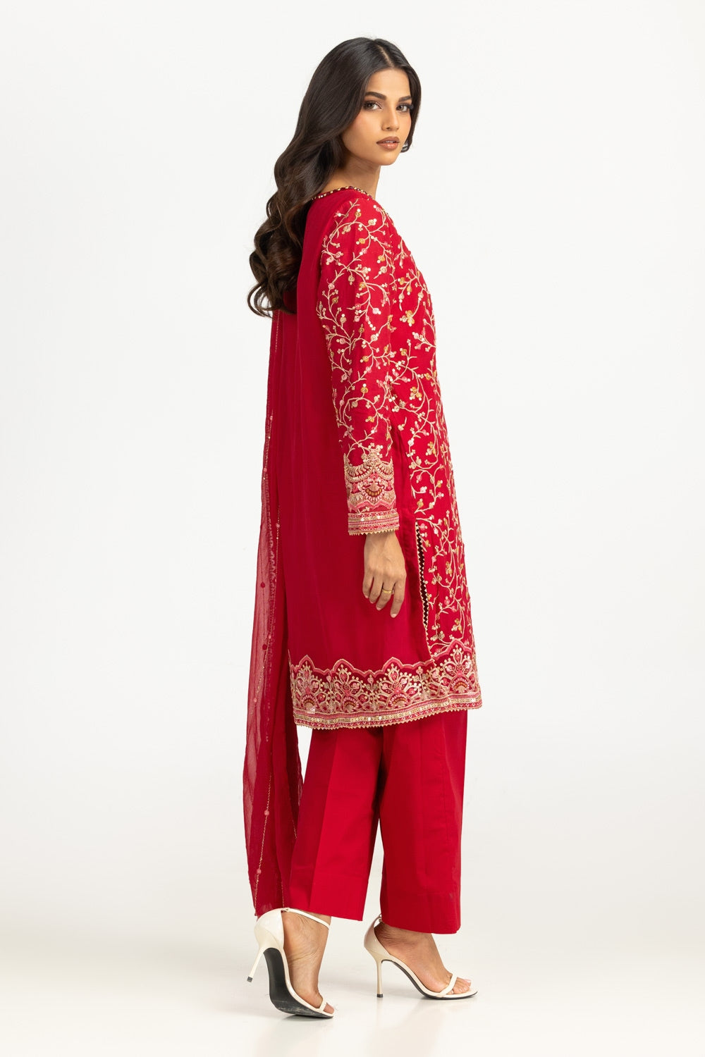 3Pc Chiffon Embroidered Suit