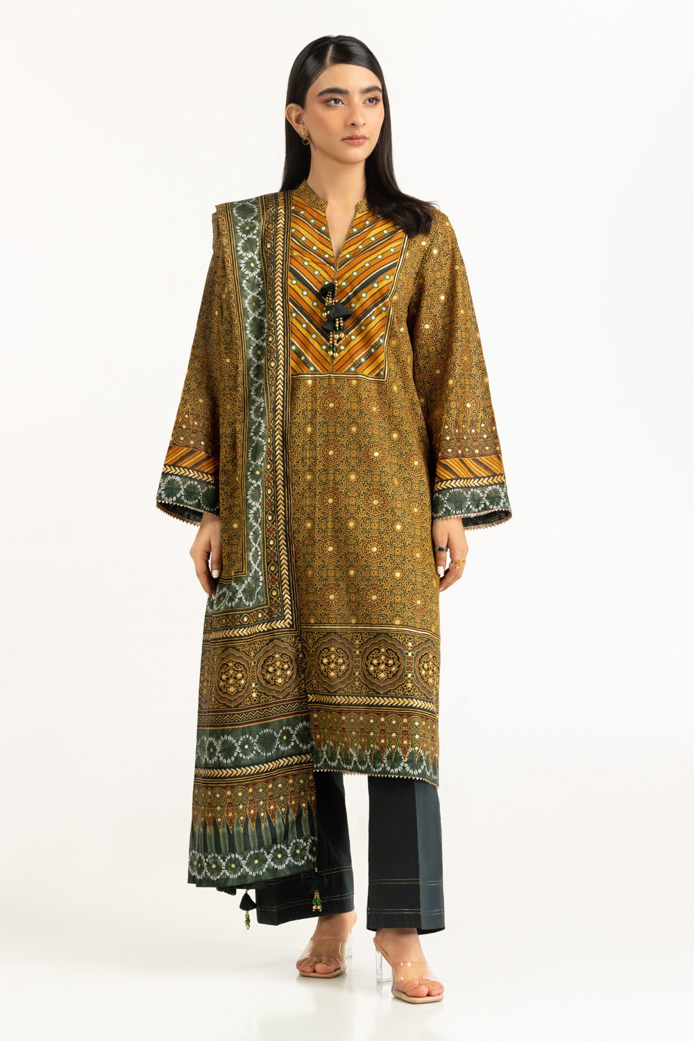 3Pc Lawn Gold Printed Suit