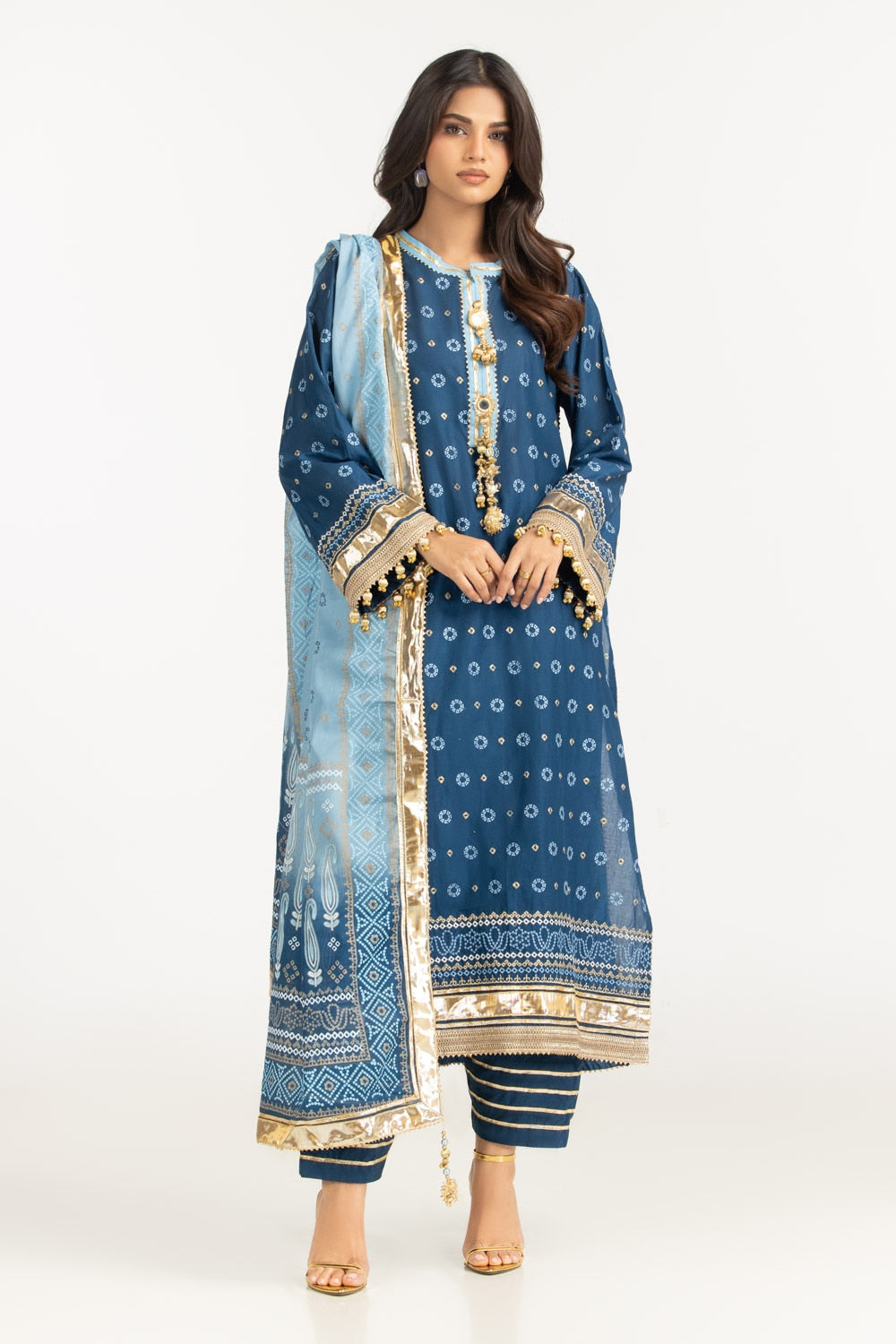 3PC Lawn Gold Printed Suit With Embroidered