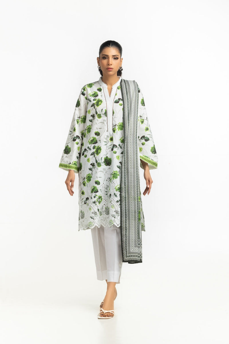 3Pc Lawn Printed Suit With Schiffli Embroidered