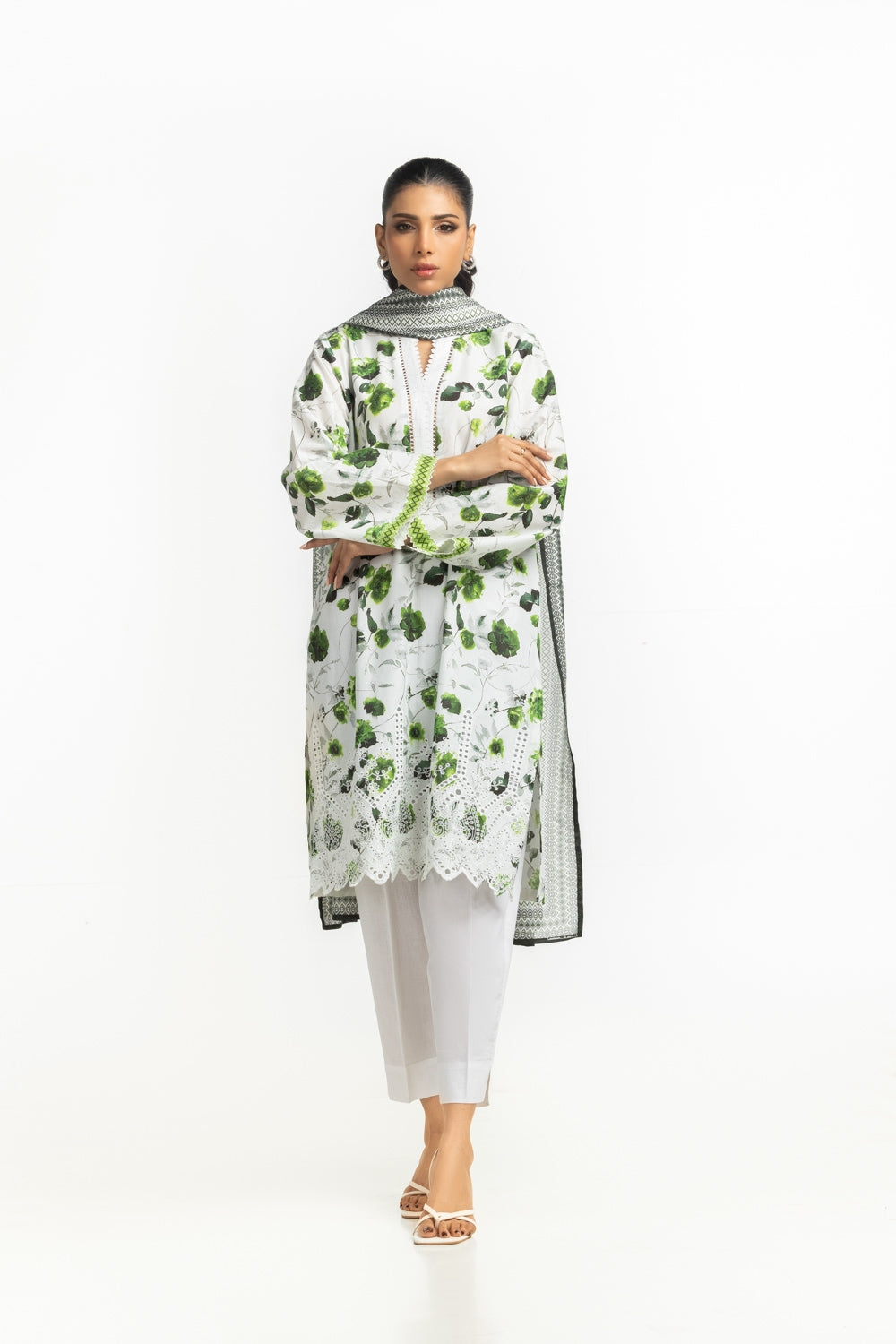 3Pc Lawn Printed Suit With Schiffli Embroidered