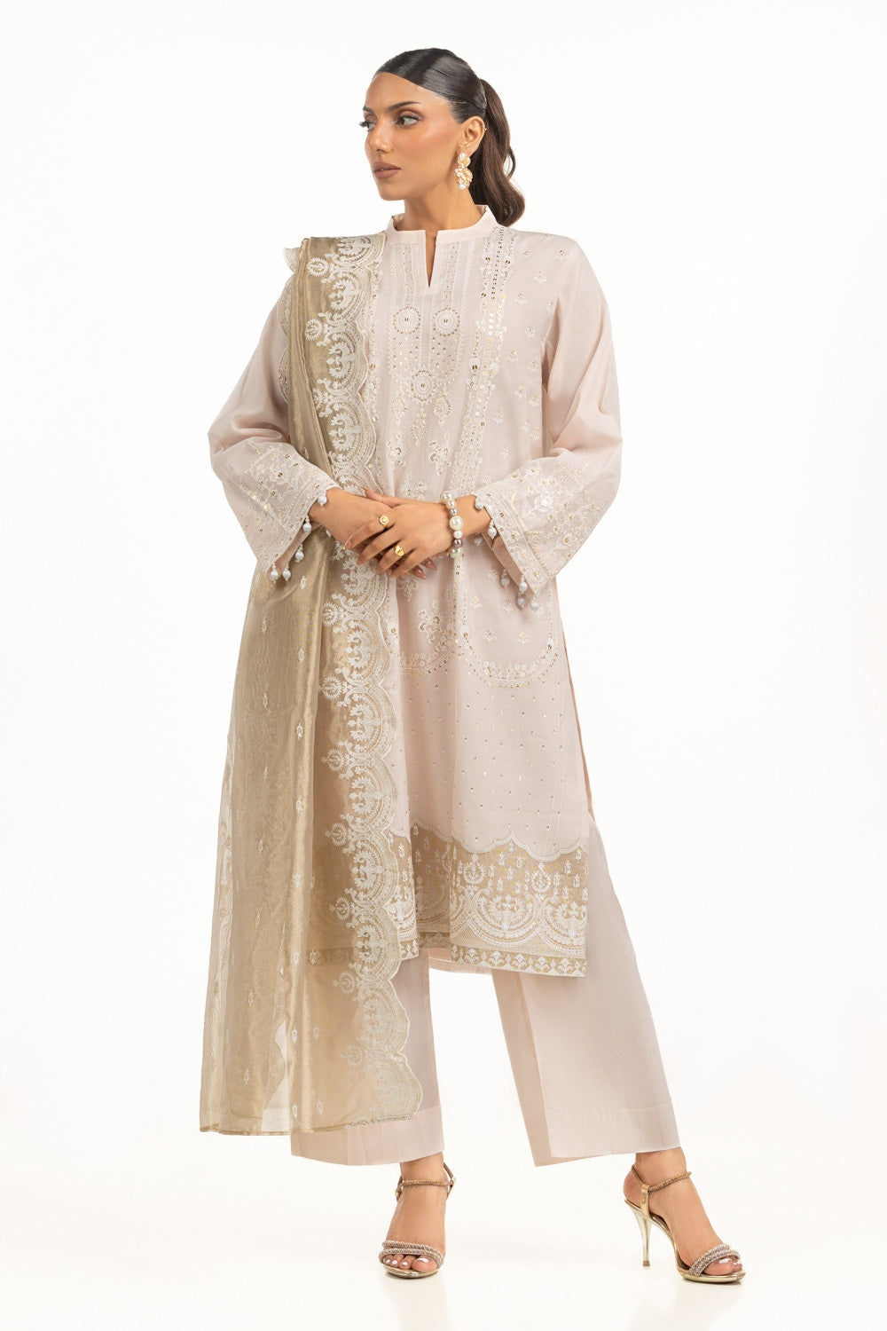 3Pc Paper Cotton Embroidered Suit