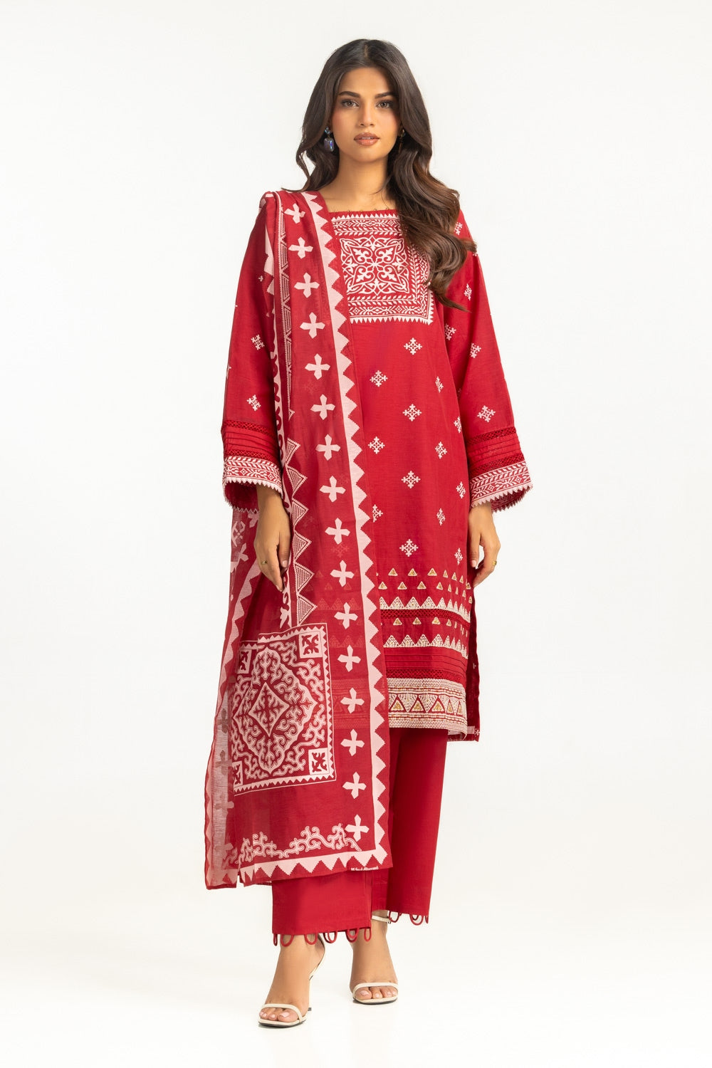 3PC paper-cotton Lacquer Printed Suit With Embroidered