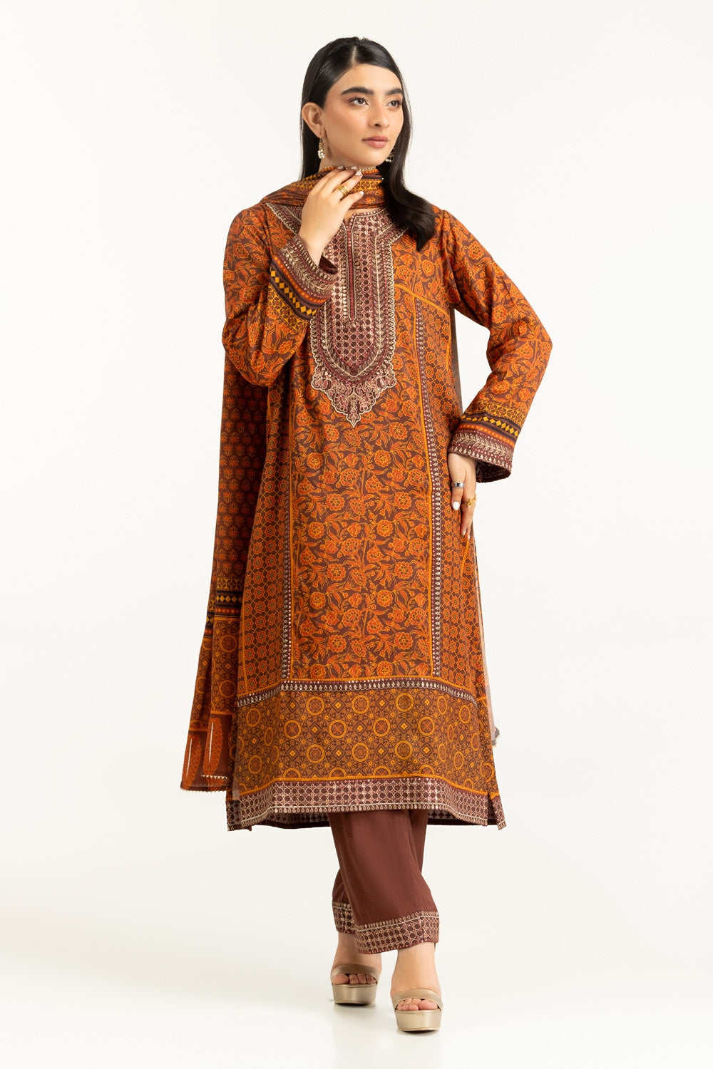 3PC raw-silk Printed Suit With Embroidered