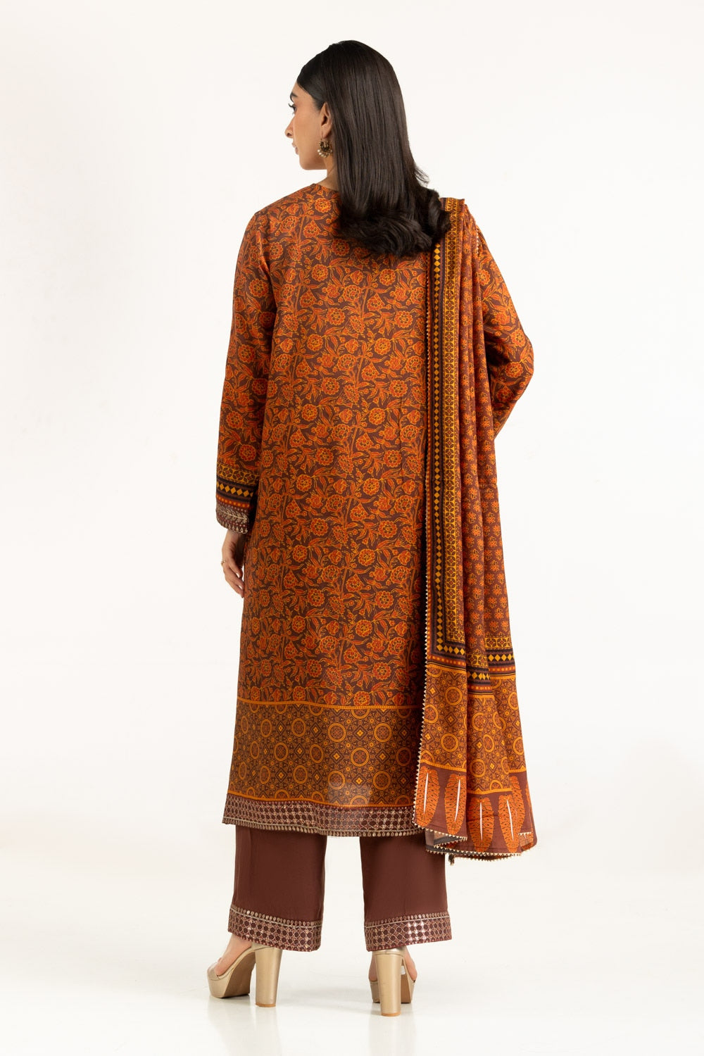 3PC raw-silk Printed Suit With Embroidered