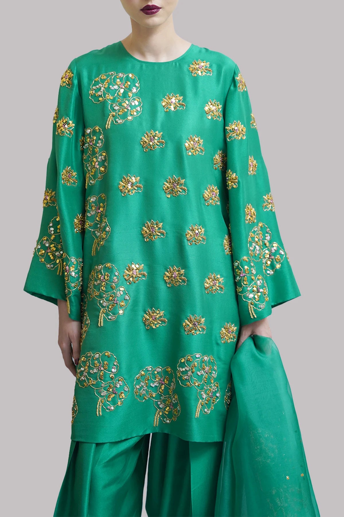 Zip Green Embellished Raw Silk Set