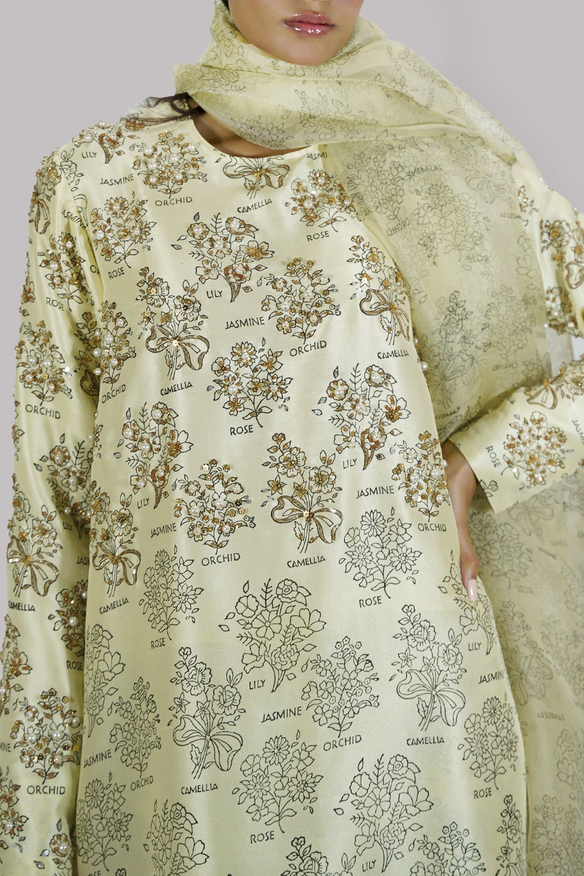 Verbena Yellow Block Printed &amp; Embellished Raw Silk Set