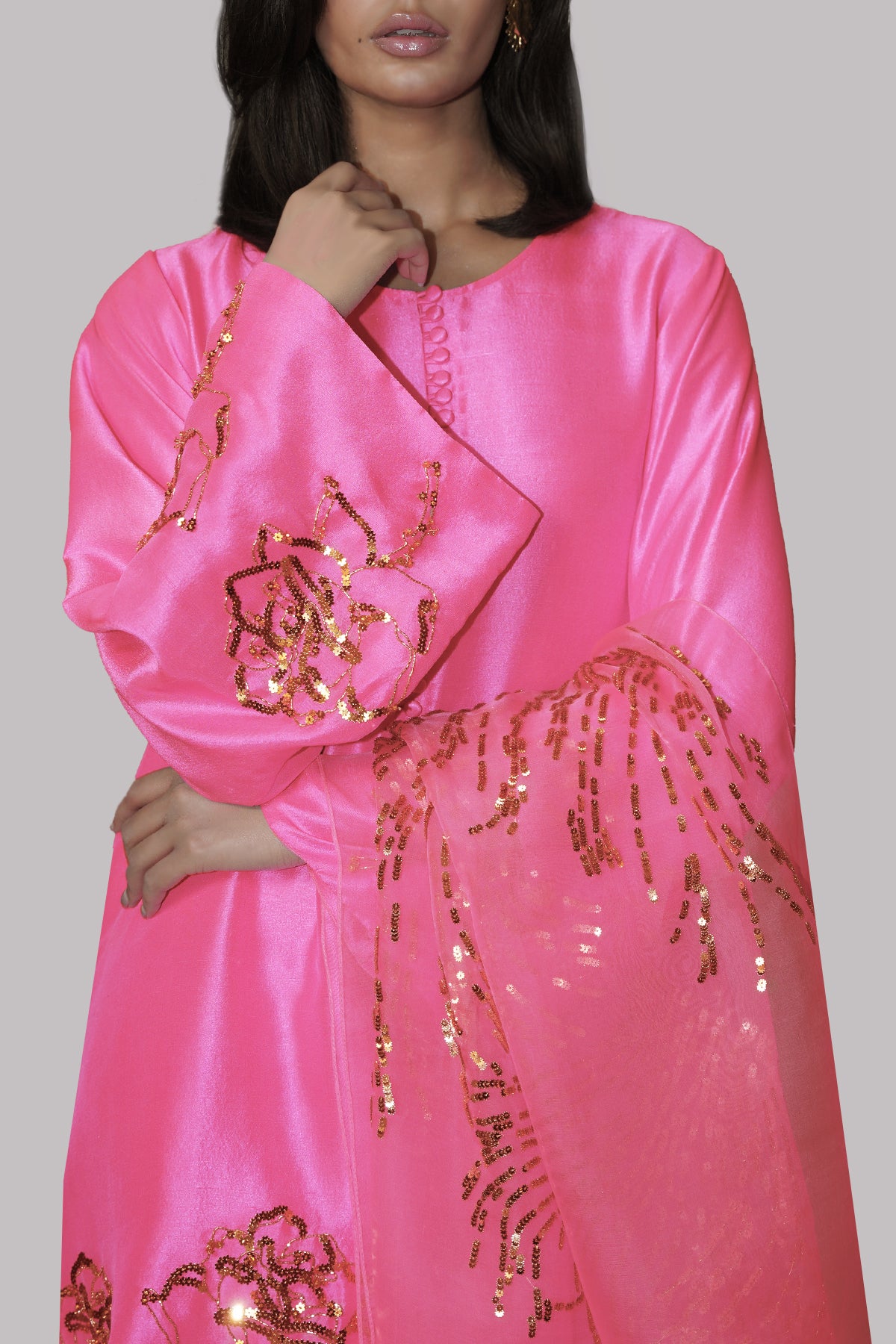 Pink Carnation Embellished Raw Silk Set