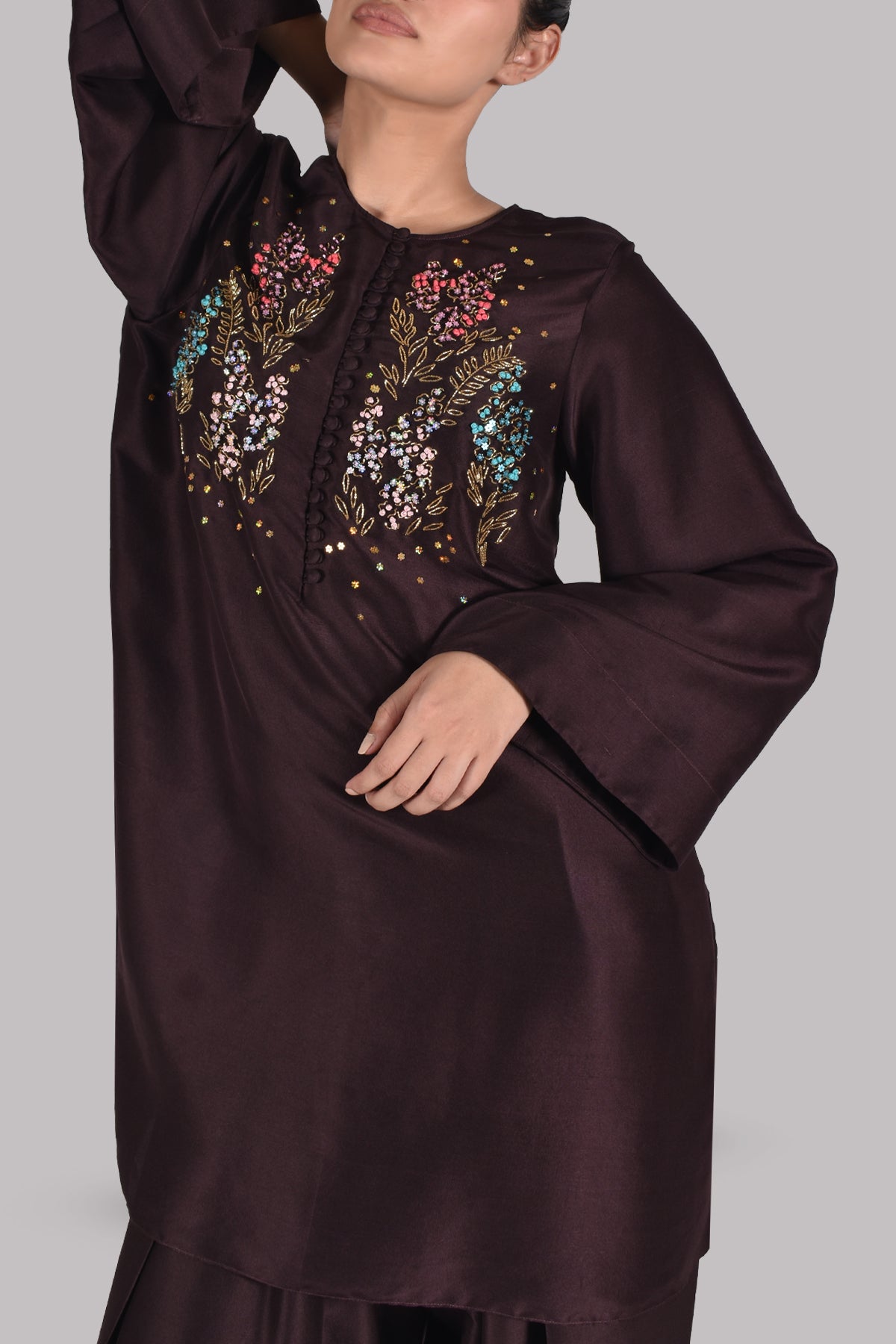 Black Coffee Embellished Raw Silk Set