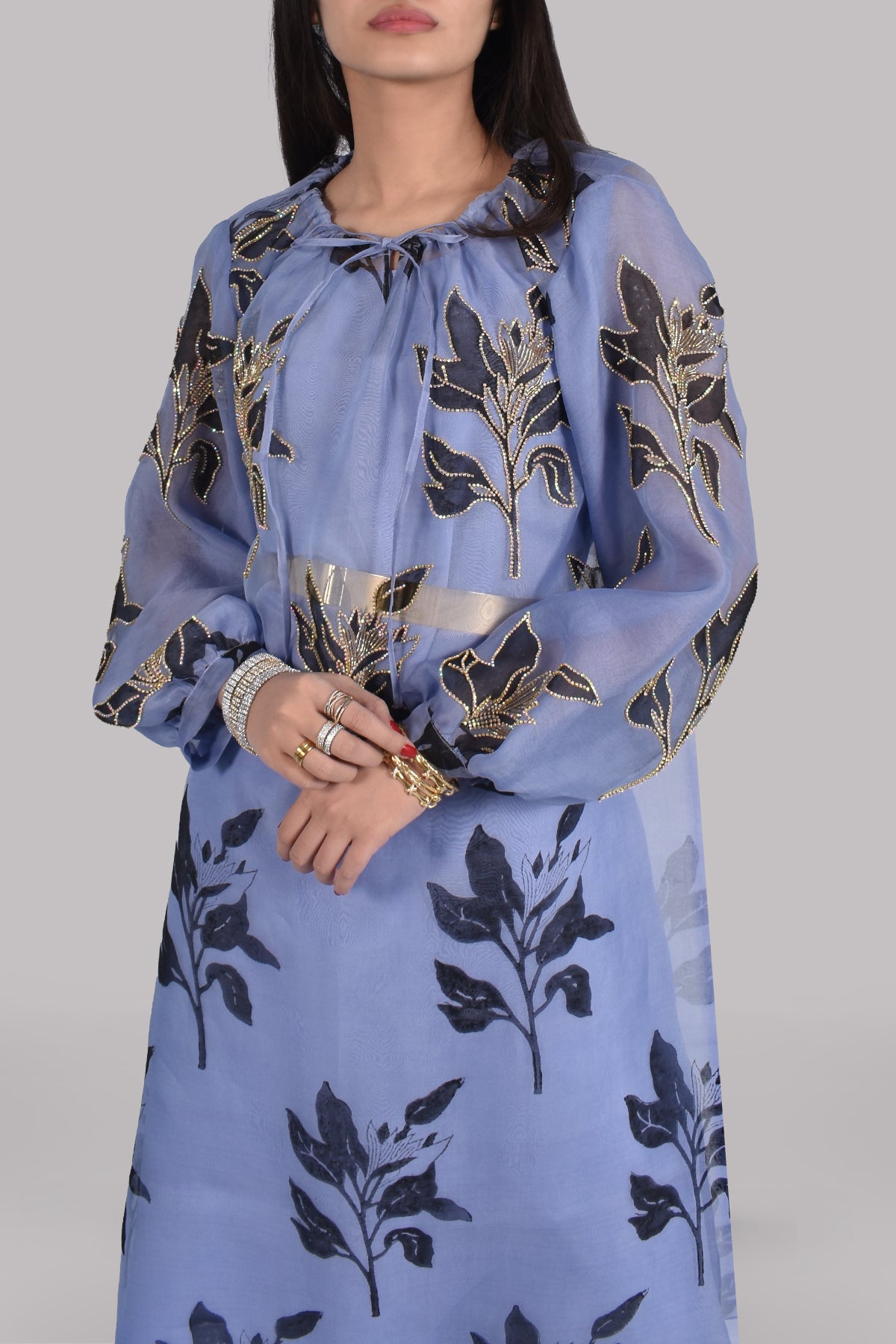 Forever Blue Organza Block Printed Embellished Tunic Set