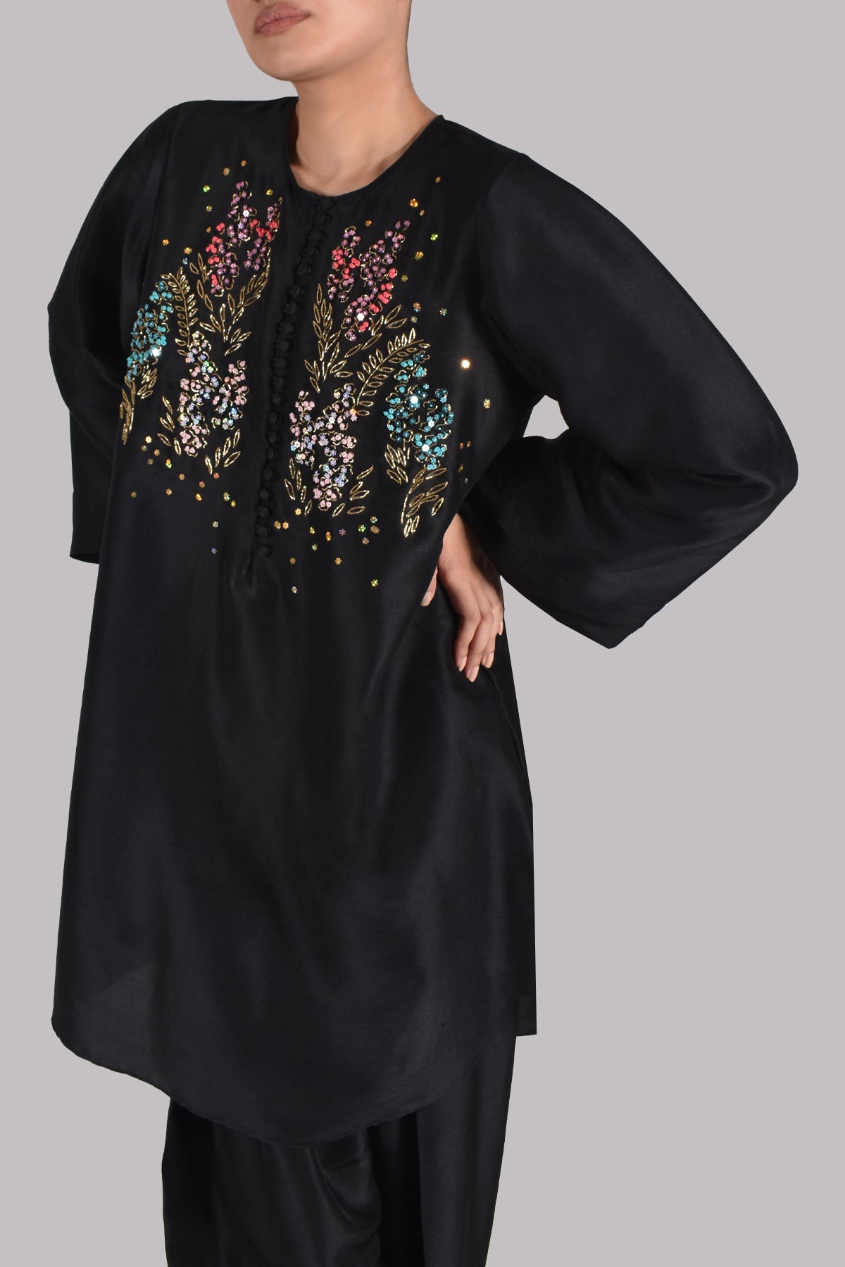 Black Embellished Raw Silk Set