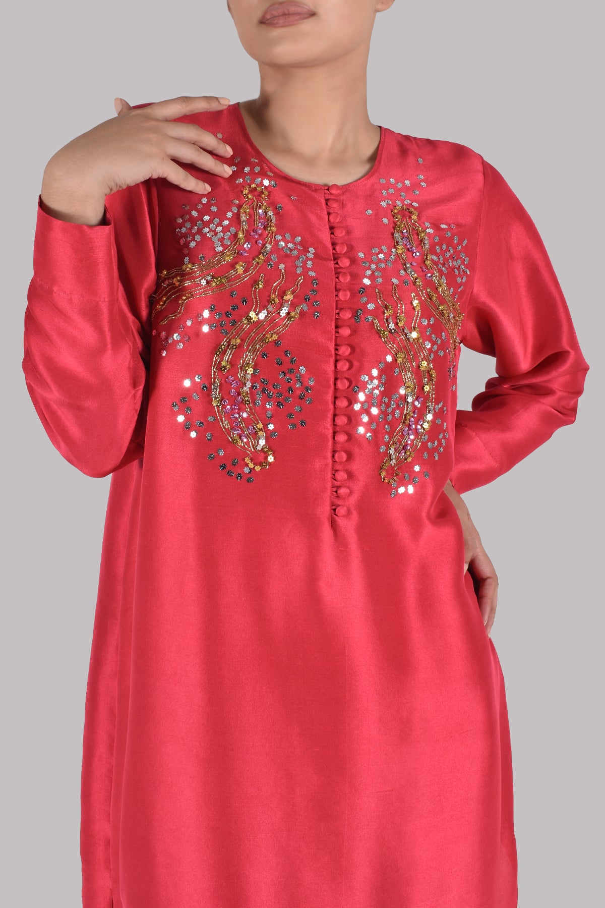 Bittersweet Red Embellished Raw Silk Set