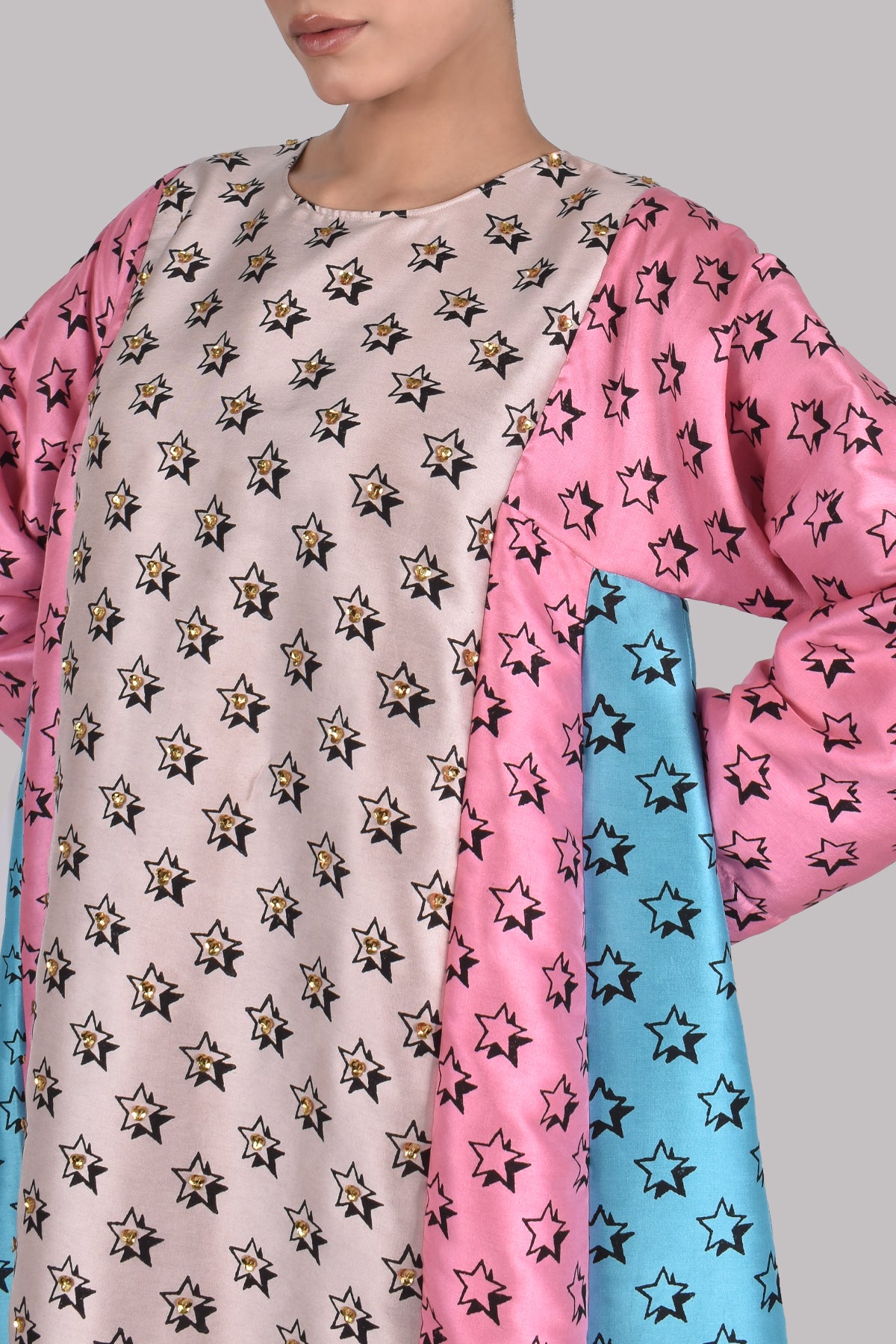 Rose Smoke, Plumeria and Scuba Blue Embellished Raw Silk Tunic