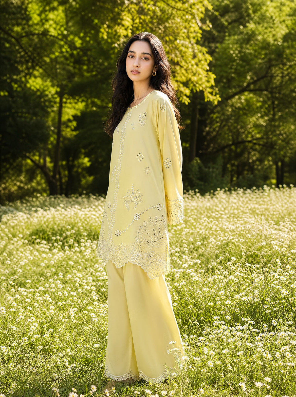 SS26DC-2621 YELLOW 2PCS  EMBROIDERED KURTA WITH TROUSER