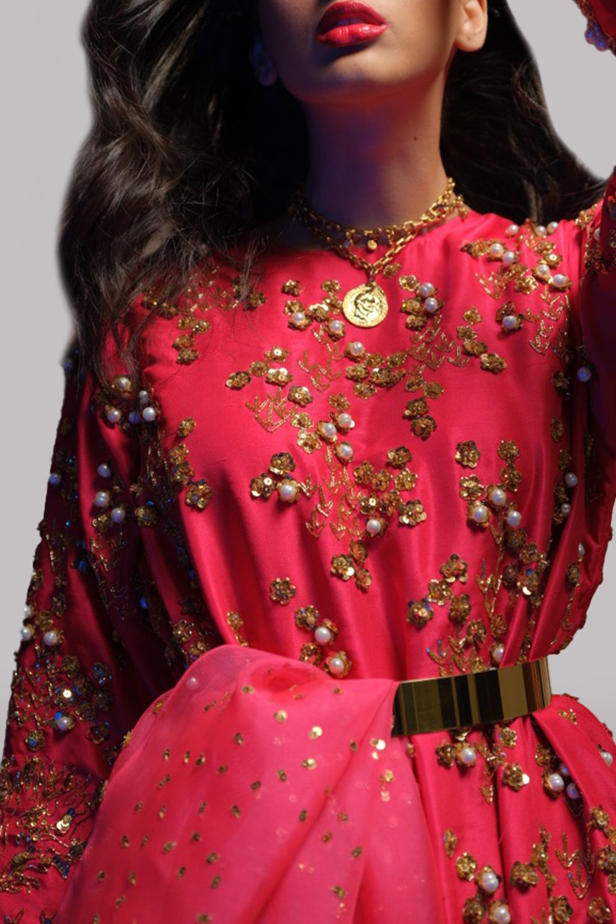 Lollipop Red Embellished Raw Silk Maxi Set