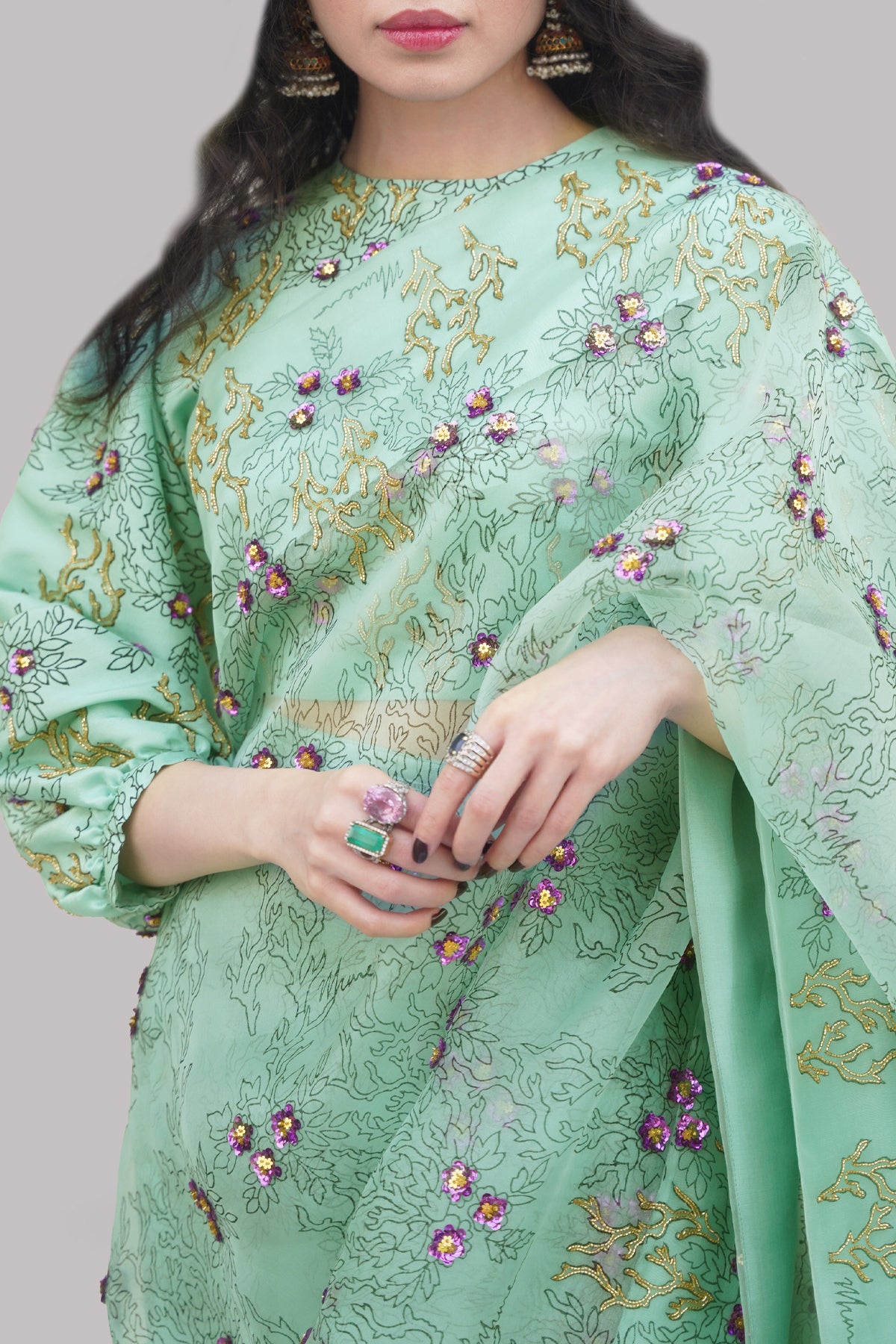Brook Green Block Printed &amp; Embellished Organza Sari