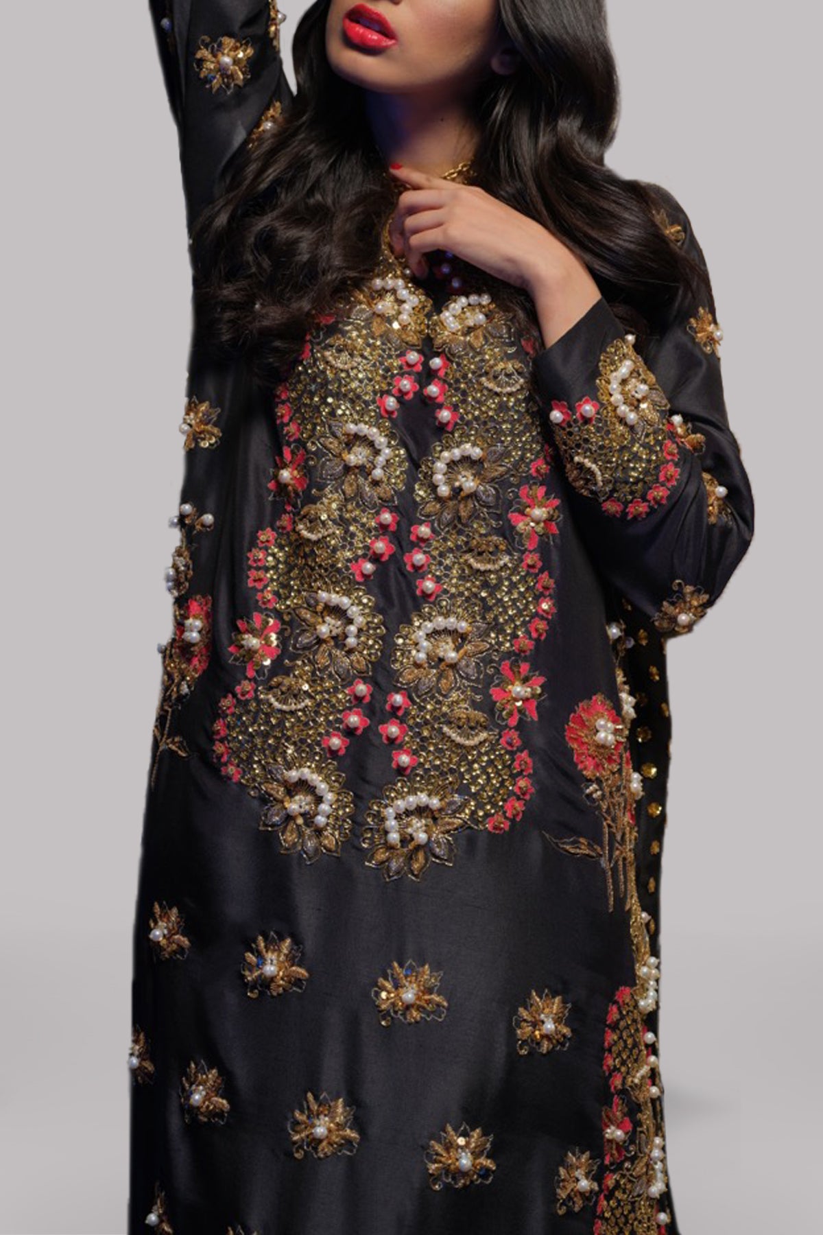 Black Embellished Raw Silk Maxi