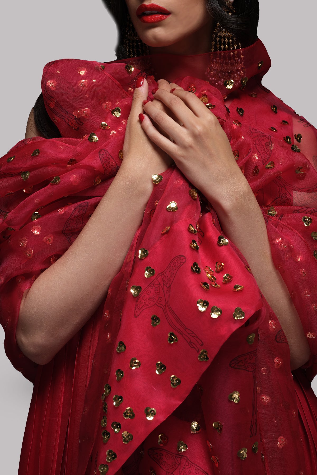 Tango Red Pleated Raw Silk Maxi with Embellished Dupatta