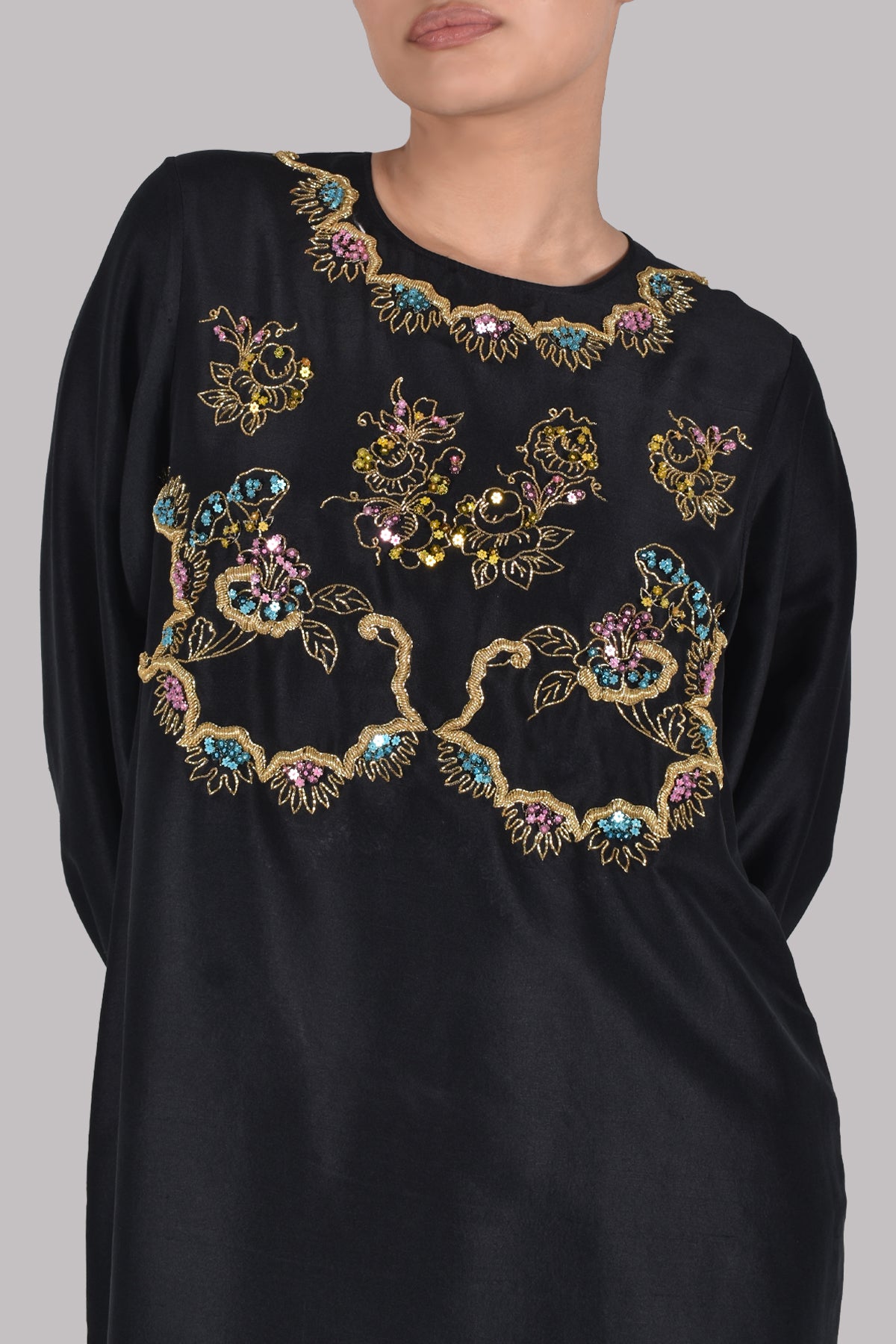 Black Embellished Raw Silk Set