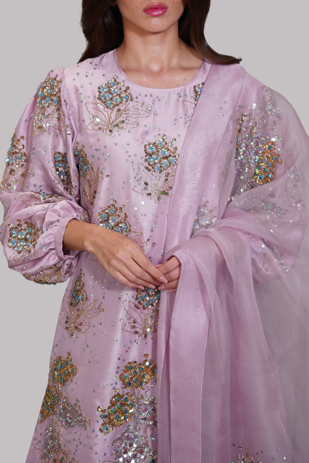 Lilac Chiffon Embellished Raw Silk Set