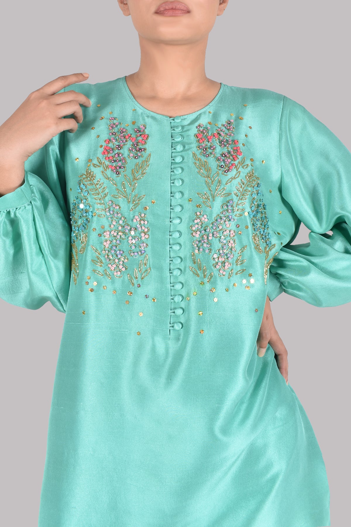 Mint Green Turquoise Embellished Raw Silk Set