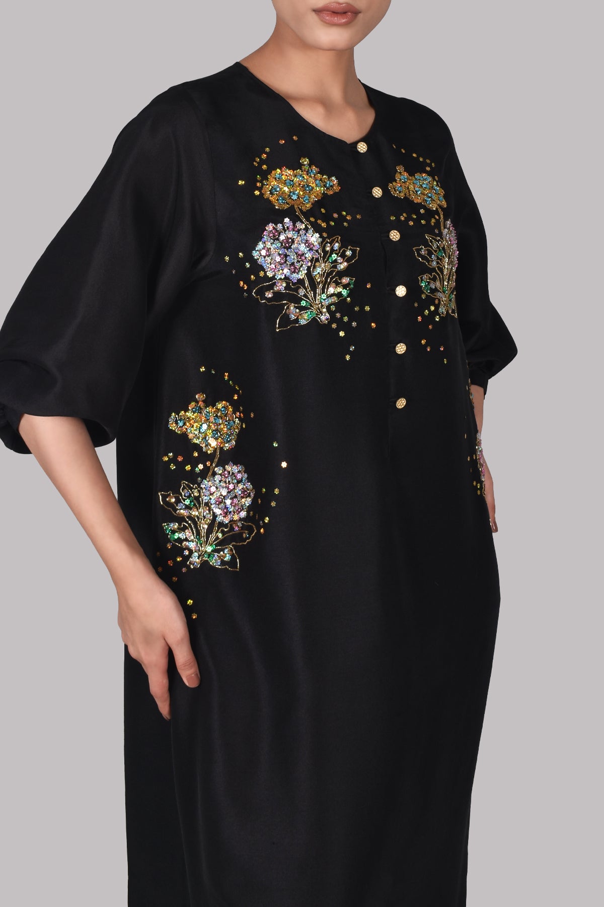 Black Embellished Raw Silk Maxi