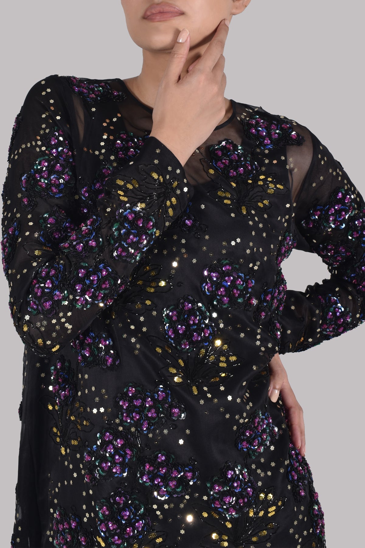 Black Embellished Italian Organza Maxi