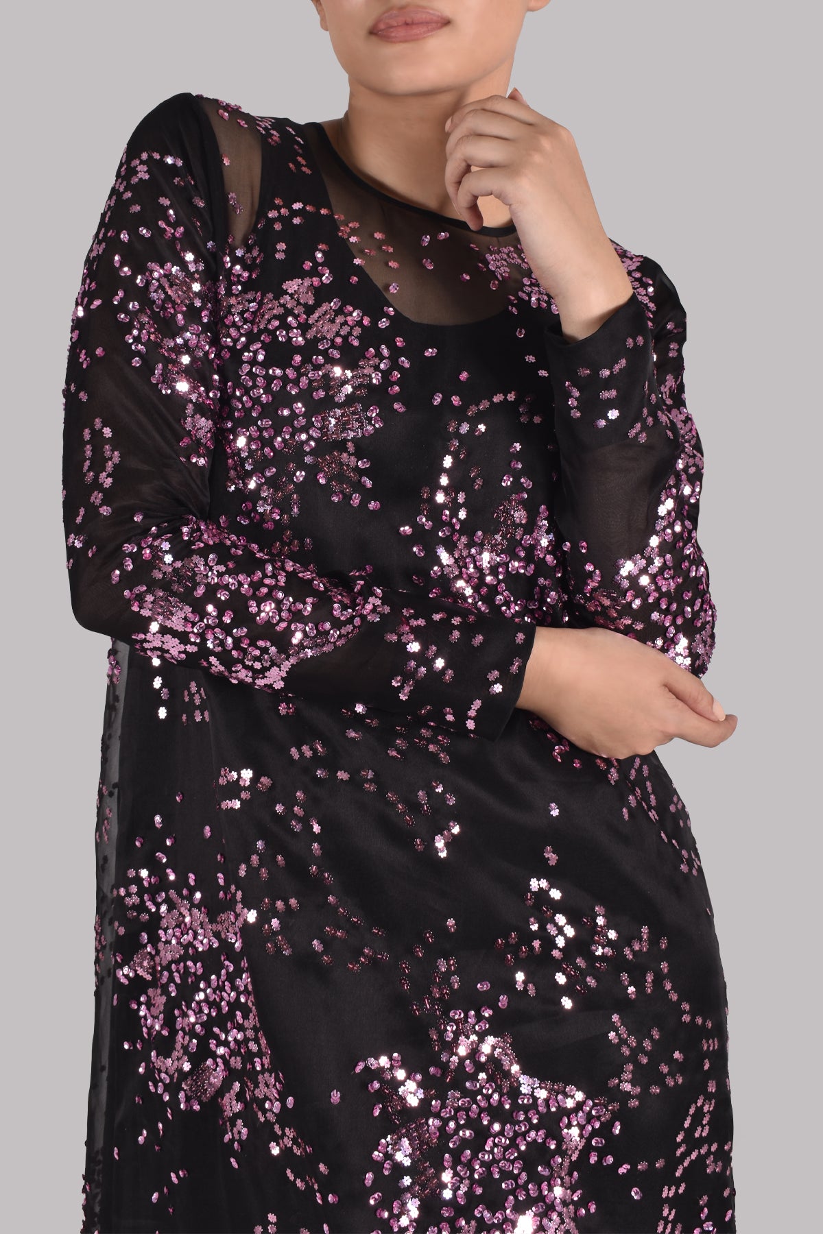 Black Embellished Italian Organza Maxi