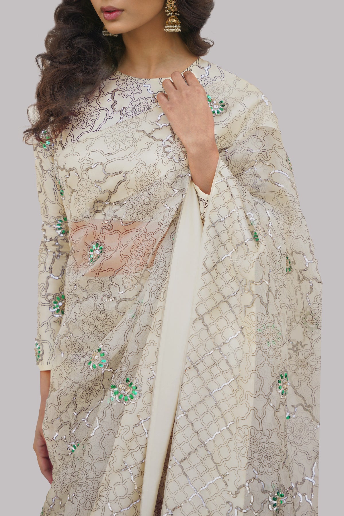 Afterglow Block Printed and Embellished Organza Sari