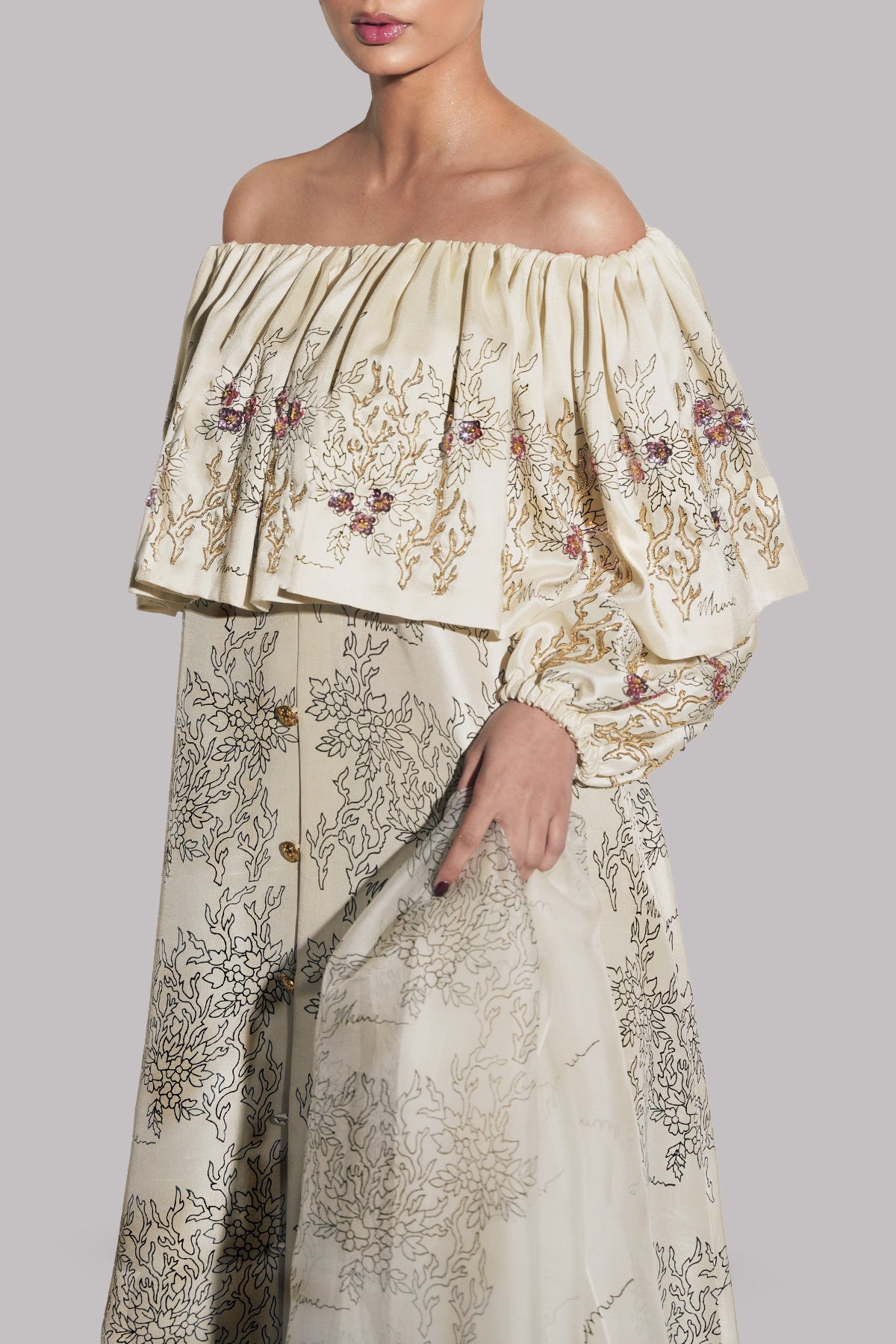 Afterglow Off-Shoulder Block Printed and Embellished Set
