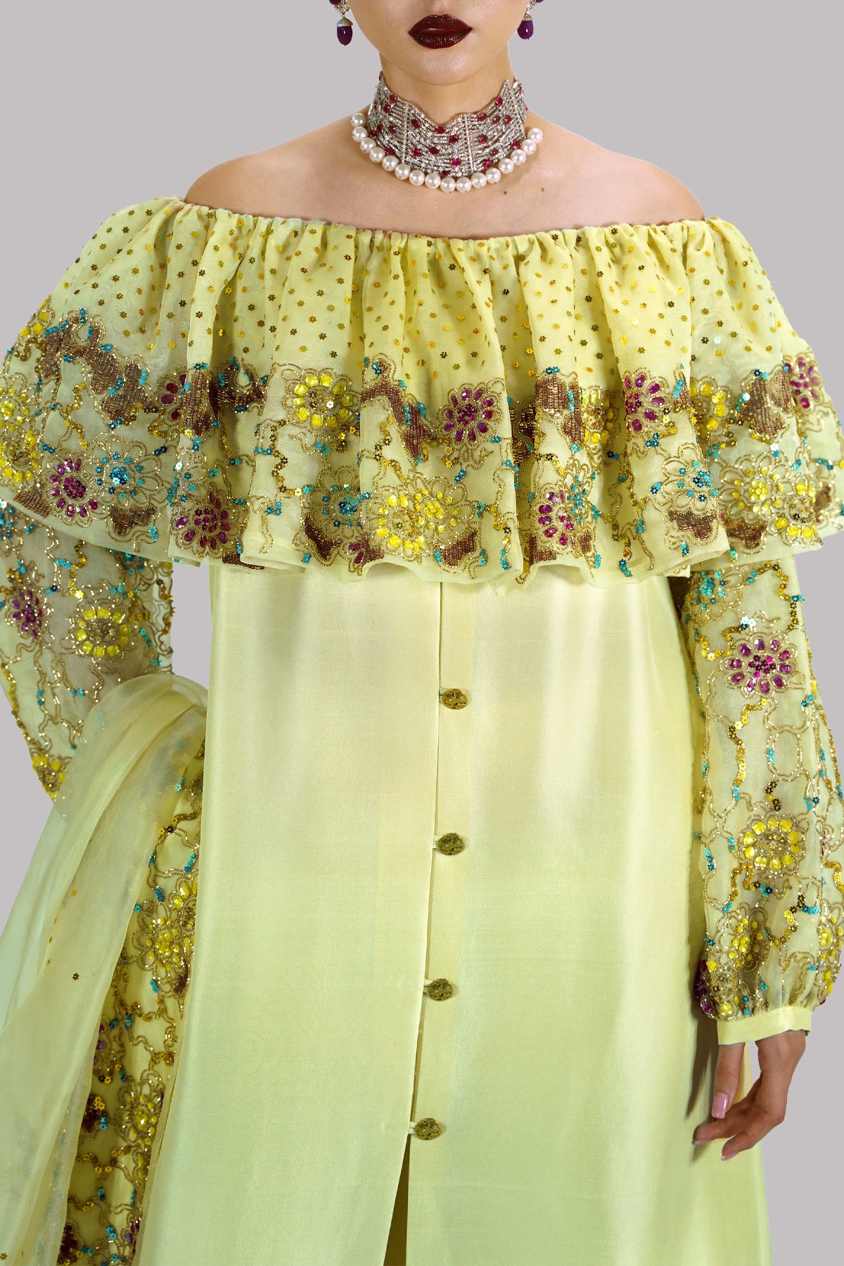 Lemon Verbena Off-Shoulder Embellished Set