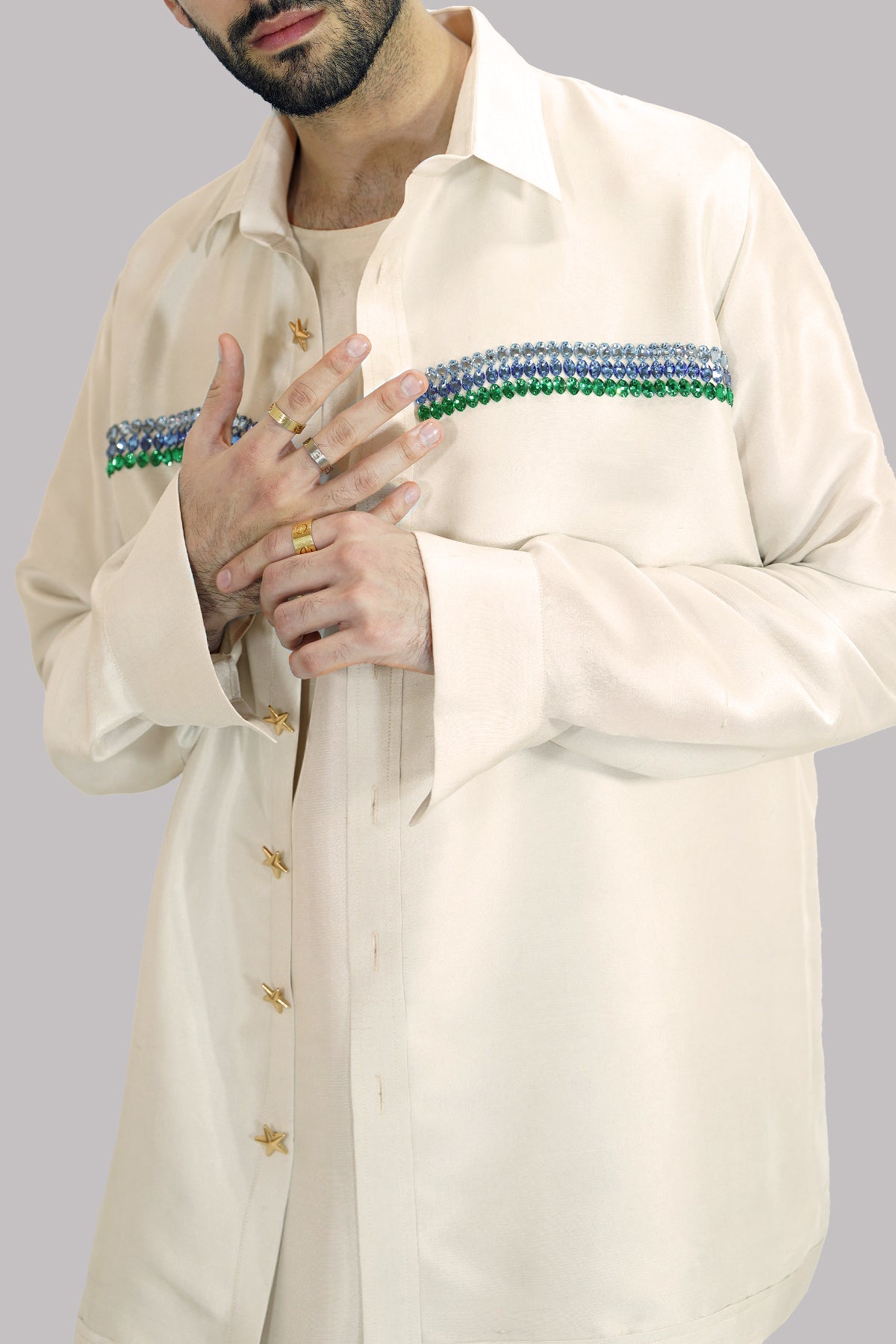 Egret Embellished Raw Silk Jacket Set