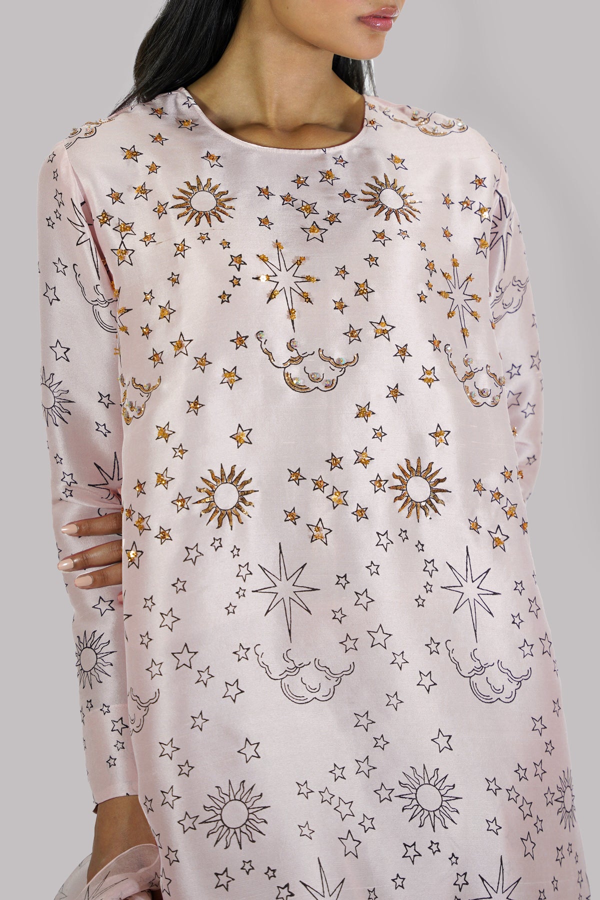 Peach Blush Block Printed &amp; Embellished Raw Silk Set