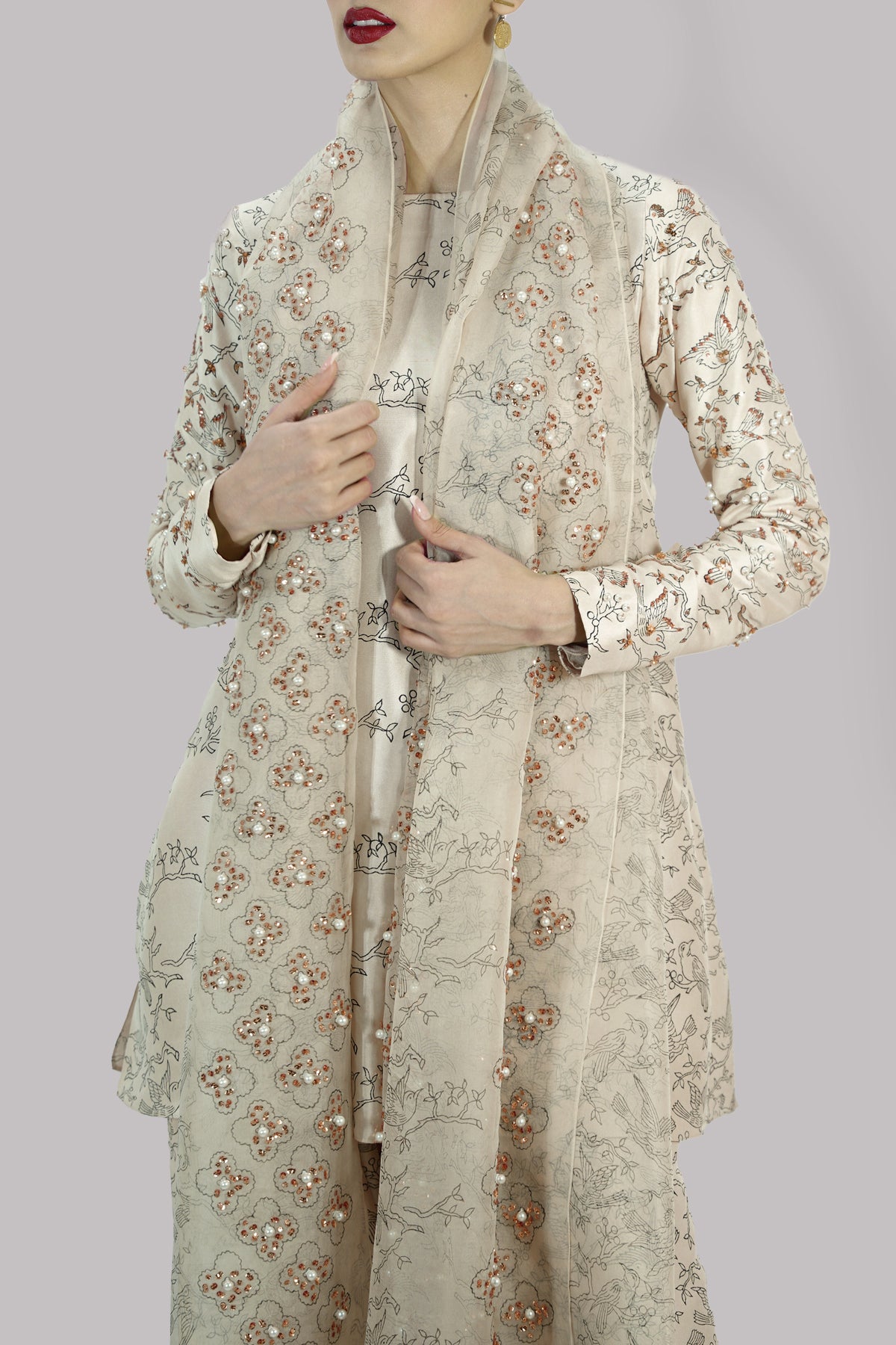 Lamb’s Wool Block Printed &amp; Embellished Raw Silk Set
