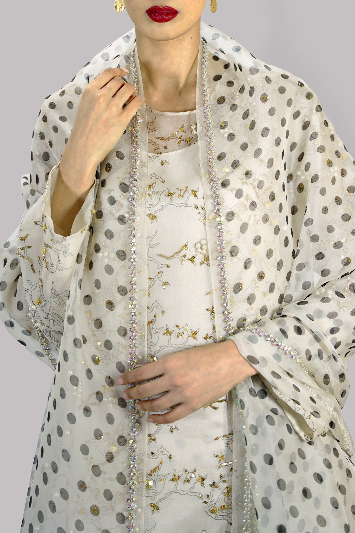 Egret Block Printed &amp; Embellished Organza Set