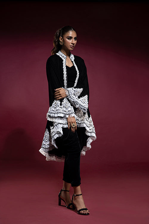 Black Velvet Coat with Trouser and Bustier Top