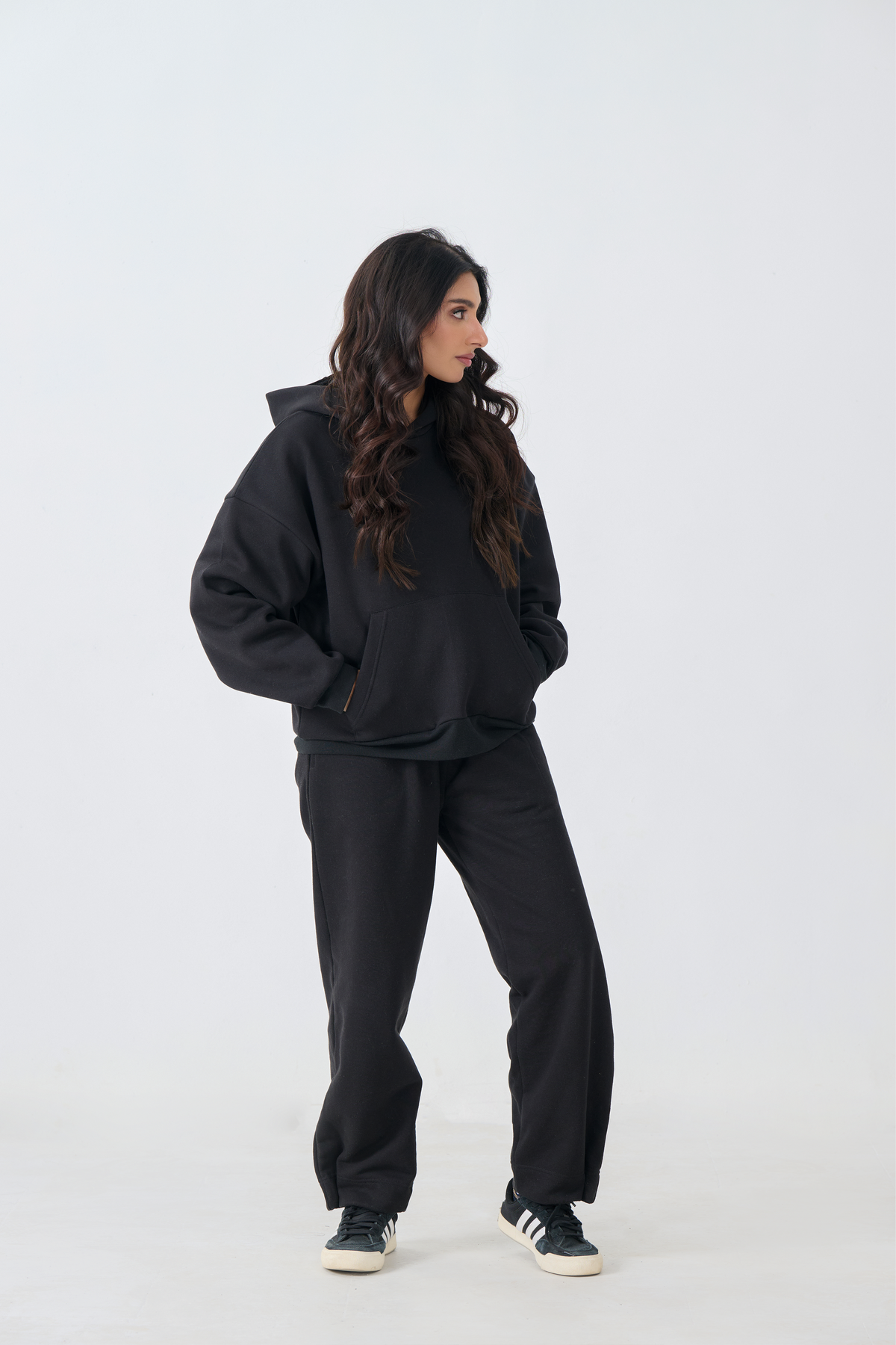 Loose Fit Fleece Pull Over Hoodie with Digital Print Patch (Black)