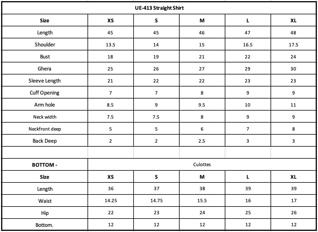 Size Chart (inches)